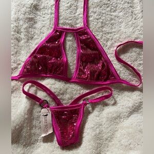 Fuchsia Sequin Halter Thong Bikini